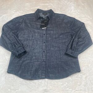 Emporio Armani Shirt Men 44 Large Blue Textured Metallic Designer Button Up NWT